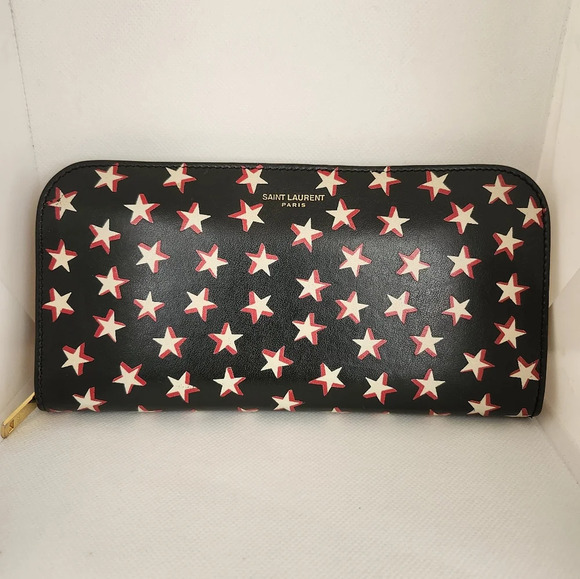 Saint Laurent Calfskin Leather Black/Red/White Star Zip Around Wallet - Picture 1 of 16